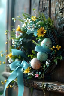 Spring wreath with pastel ribbons, speckled eggs, and blooming flowers, hanging on a wooden