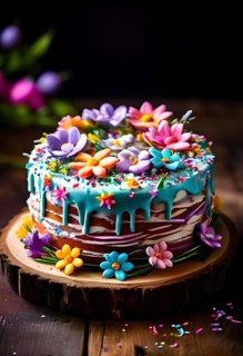 Decorated Easter cake with intricate icing flowers and colorful sprinkles, placed on a rustic