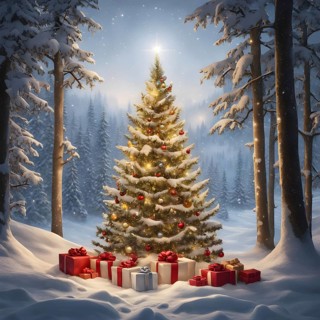 Peaceful and serene Christmas scene with a decorated Christmas tree with gifts presents and a cute
