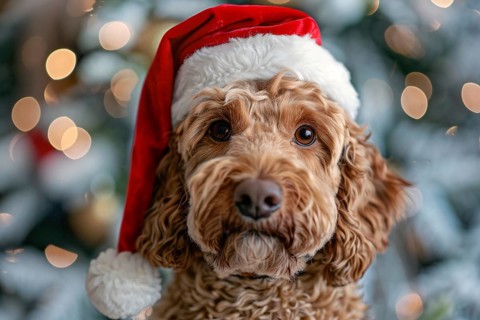 Cute Poodle dog with red santa hat in front of christmas tree. Generative Ai, AI generated
