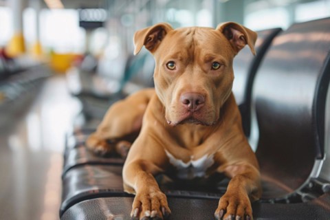 Traveling with a Pit Bull terrier. Dog with luggage in background at airport. KI generiert,