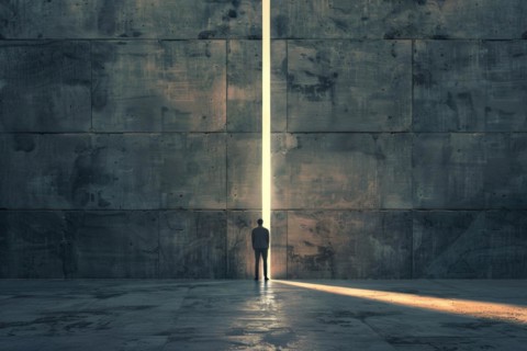 Silhouette of a man standing in front of a gigantic wall, sunlight shining through a narrow gap,
