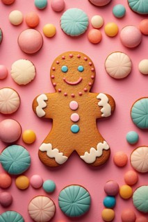 Cute gingerbread man cookie on pink background. KI generiert, generiert, AI generated
