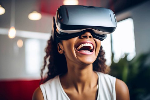 Black smiling woman with VR glasses. AI generated