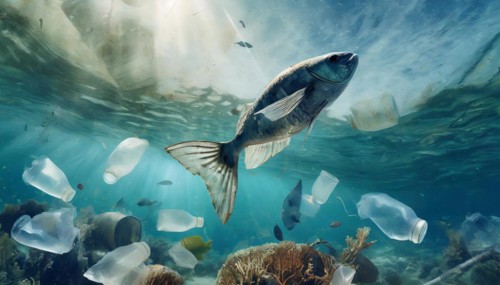 Symbolism, waste problem, plastic waste drifts in the sea and endangers animals, AI-generated,