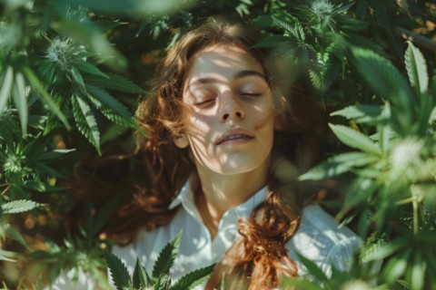 Teenager in an intoxicated state in a hemp field, surrounded by hemp leaves, cannabis, industrial