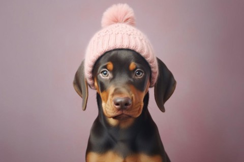 Portrait of cute dog with pink knitted winter hat. KI generiert, generiert KI generiert, generiert