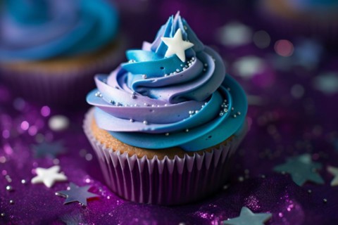 Cupcake with galaxy style frosting with blue and purple colors. KI generiert, generiert, AI