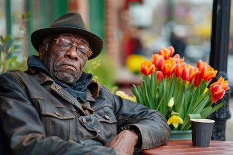 An elderly man sits asleep on a chair in a street café, symbolic image for spring fever, AI