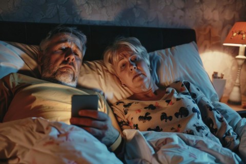 An elderly couple lies in their bedroom in their marital bed and looks at a smartphone, worried,