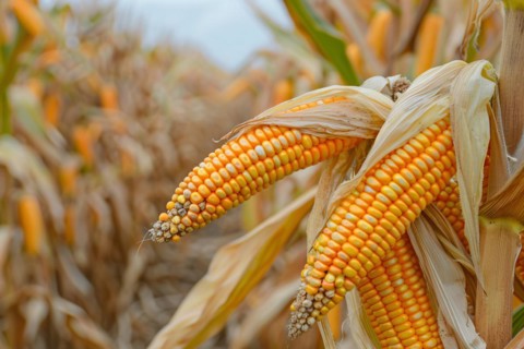 Corn maize stalk in open husk in sunny agricultural field. KI generiert, generiert, AI generated