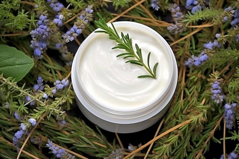Facial cream surrounded my herbs and flowers. Natural cosmetics concept. KI generiert, generiert AI