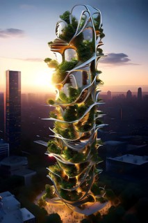 Futuristic skyscraper with termite mounds for natural ventilation and energy efficiency, AI