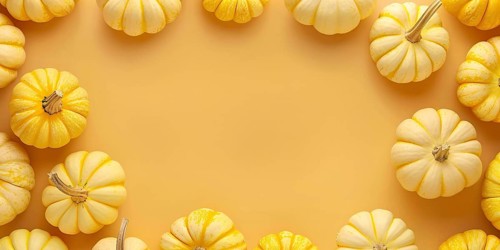 Banner with small yellow pumpkins on yellow background with copy space. Generative Ai, AI generated