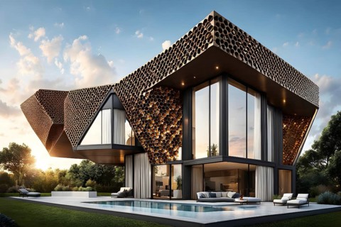Modern residential house inspired by honeycomb hexagonal patterns, AI generated