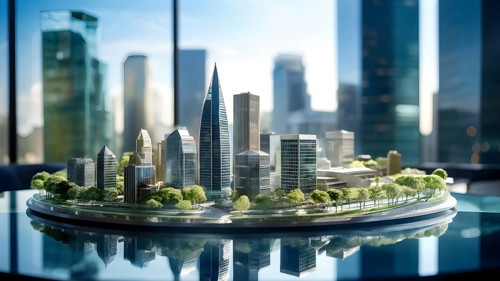 Scale model of modern skyscraper on a polished conference table, AI generated