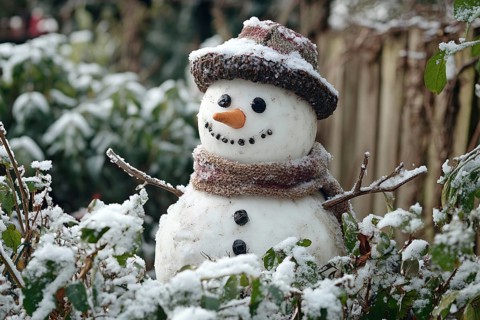 Snowman with carrot nose and knitted hat in garden covered in snow in winter. Generative Ai, AI