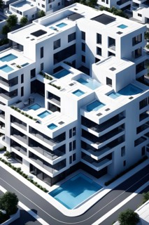 Rendering of a modern real estate apartment building in clean geometric forms in black and white,