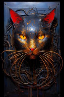 Metallic black cat head with yellow eyes and red ears encrusted in a metallic door, AI generated