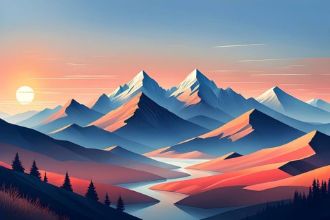 Minimalist landscape with stylized mountains and a setting sun, represented by simple geometric