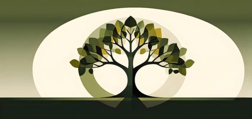 Abstract geometric tree with a circular canopy and a rectangular trunk, arranged in a clean,