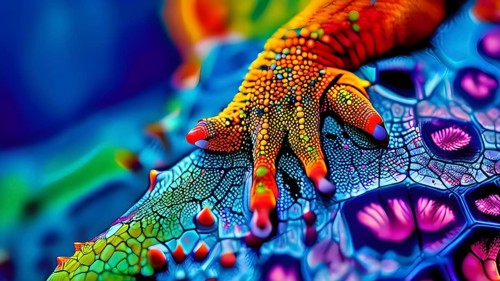 Nano material inspired by gecko feet with intricate patterns and vibrant colors representing
