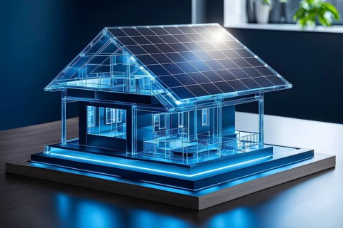 Hologram blue eco house with solar on table, ai generated, AI generated