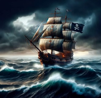 A privateer pirate ship with a pirate flag sails across the ocean in storms and high waves, AI