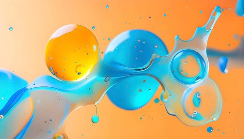 Abstract wallpaper with colorful turquoise and yellow blobs and liquid shapes on a orange