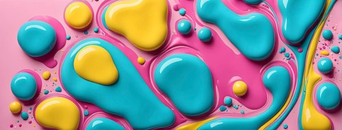 Abstract image with colorful yellow and turquoise blobs and liquid shapes on a pink background, AI