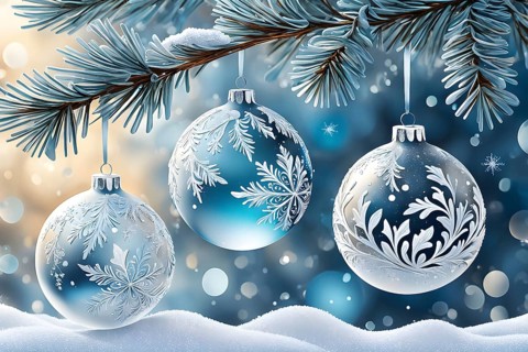 Abstract illustration of a set of ornate Christmas ornaments hanging on a snow-covered pine tree
