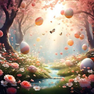 Surreal Easter scene with floating eggs, ribbons, and flowers in a dreamlike, whimsical composition