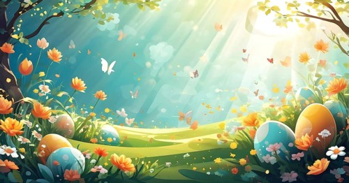 Surreal Easter scene with floating eggs, ribbons, and flowers in a dreamlike, whimsical composition