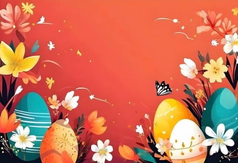 Abstract illustration of a Easter card with delicate colorful hand-drawn illustrations, empty space