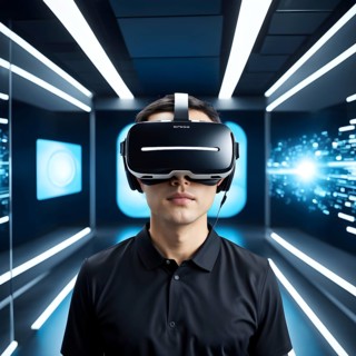 Three dimensional render of a man wearing virtual reality glasses, AI generated