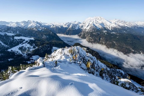 Snow-covered summit of the Jenner with viewing platform in autumn, view of the sea of clouds and