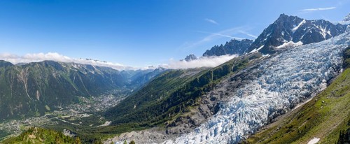 Panorama, mountain landscape with glacier Glacier des Bossons and summit of the Aiguille du Midi,