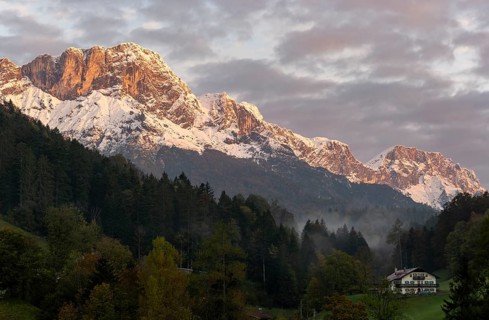 Mountain peak Berchtesgadener Hochthron at sunrise, mountain landscape with snow in autumn,