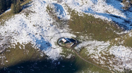 Mountain hut, alpine hut in autumn with snow, from above, from the Jenner, Berchtesgaden National