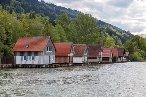 Boathouses in Bühl, Großer Alpsee, near Immenstadt, Oberallgäu, Allgäu, Bavaria, Germany, Europe