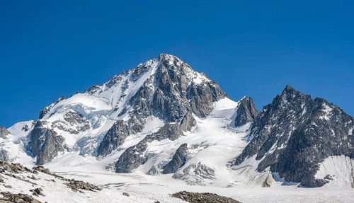 High alpine mountain landscape, Glacier du Tour, glacier and mountain peak, summit of the Aiguille