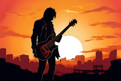 Illustration of a rock star silhouette clutching guitar against abstract urban skyline morphing