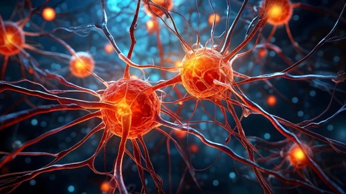 Abstract microscopic view on nerve cells intermingled with cancer cell, AI generated