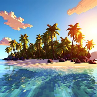 Pixel art illustration of a tropical island paradise with palm trees and sandy beach, AI generated
