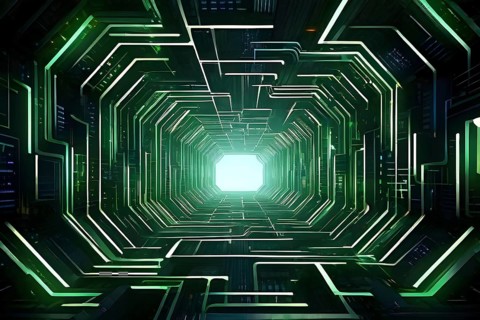 Abstract geometric pattern tunnel structure embodying data streams and communication in green hues,