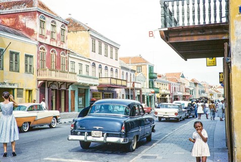 Historic buildings in a street in the historic centre of Willemstad, Curacao, Dutch Caribbean,