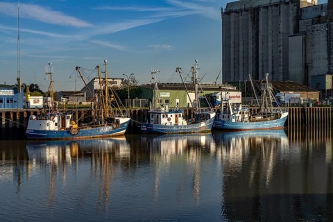Cutter in the harbour in Husum, Nordfriesland district, Schleswig-Holstein, Germany, Europe