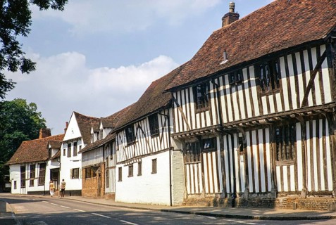 Historische mittelalterliche Gebäude, Water Street, Lavenham, Suffolk, England, UK, Juli 1972