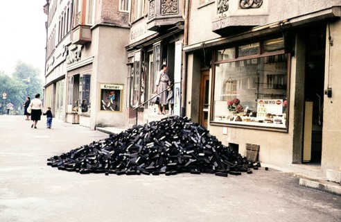 Delivery of coal, piled up on the street in front of shops Rottweil, Baden-Württemberg, Germany,