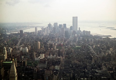 City view of skyscrapers including the Twin Towers, Manhattan, New York, USA in 1976
